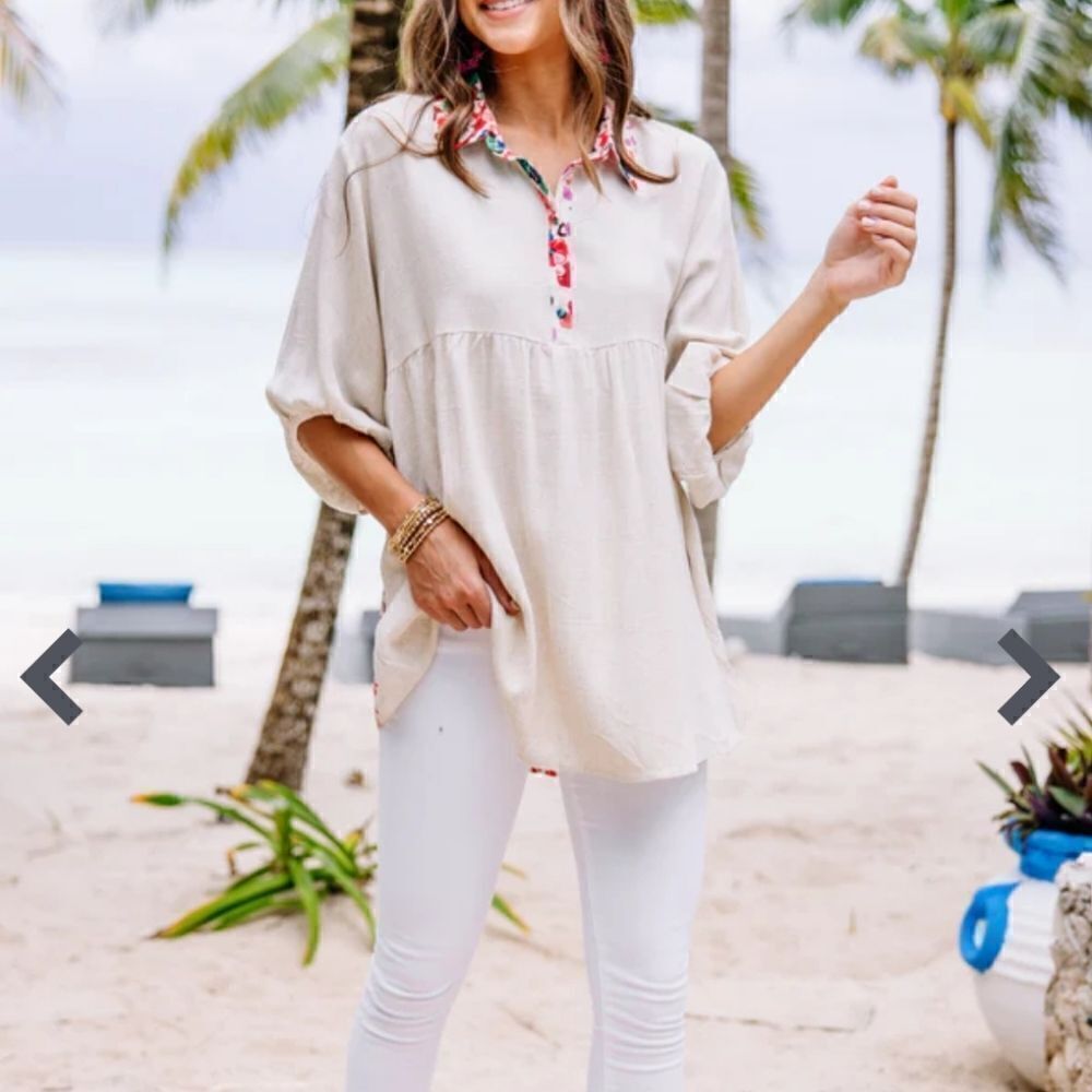 Umgee oversized Think It Over Oatmeal White Floral Tunic Linen Cotton Blend M